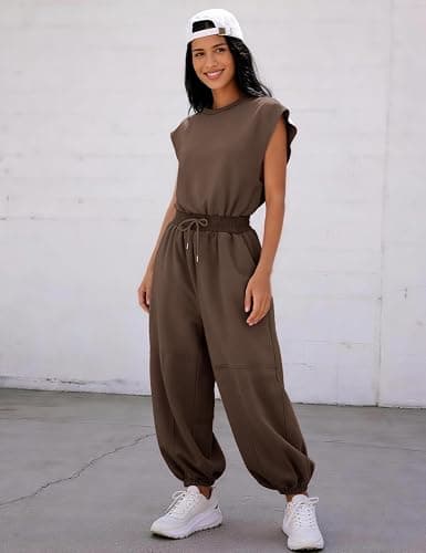 Flygo Womens Casual Jumpsuit Crewneck One Piece Outfits with Pockets | Cap Sleeve, Round Neck, Back Cutout, Drawstring Elastic Waist, Ankle Length, Long Wide Leg Pants, Summer Lounge Travel Outfit thumbnail 6