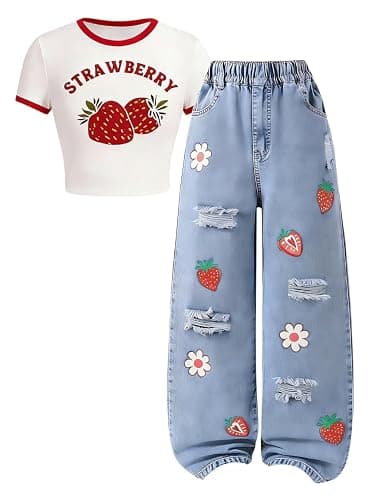 Azmxynol Tween Girl Clothes Short Sleeve Top + Butterfly Design Jeans 2 Pieces Spring Summer Outfit Set, Size 6-14 Years - Image 1