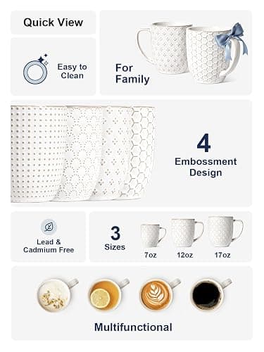 LE TAUCI Coffee Mugs 16 oz,Ceramic Mug Set, Embossment Cups for Latte, Hot Tea, Cappuccino, Mocha, Cocoa, Dishwasher Safe, Suit For Housewarming Wedding- 3.8 inch, Set of 4, Arctic White thumbnail 5