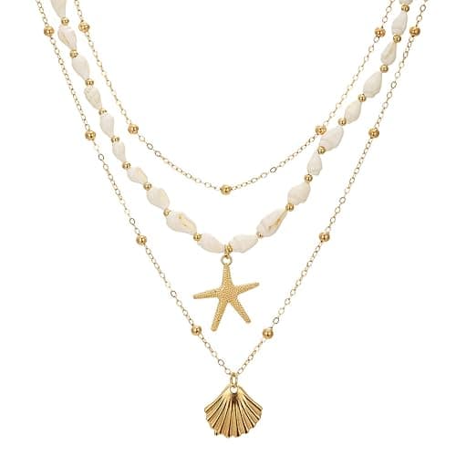 Seashell Starfish Necklace for Women Summer Pearl Beach Conch Shell 14k Gold Layered Dainty Choker - Image 1