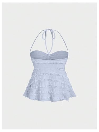 SOLY HUX Women's Peplum Halter Crop Tops Y2K Drawstring Tie Ruched Dressy Casual Spaghetti Strap Cami Top thumbnail 2