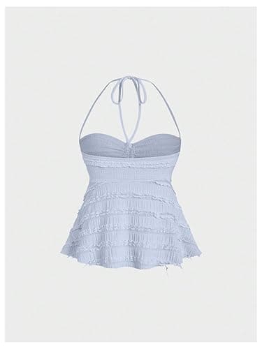 SOLY HUX Women's Peplum Halter Crop Tops Y2K Drawstring Tie Ruched Dressy Casual Spaghetti Strap Cami Top - Small - Light Blue thumbnail 2