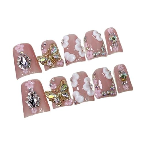 Butterfly Press on Nails, Muti-Layer Gel Handmade Press on Nails Medium, Duck Shaped False Nails with Rhinestone Flower, Full Cover Thickened Fake Nails Designs Stick on Nails for Women Nail Art DIY thumbnail 4