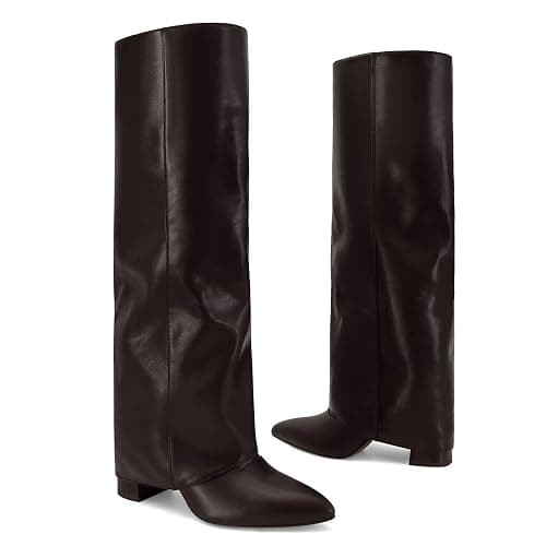 Dsevht Black Leather Knee High Boots for Women Fold Over Chunky High Heel Pull on Pointed Toe Tall Long Dress Going Out Boot for Women thumbnail 4