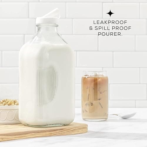 JoyJolt Glass Milk Bottles with Lids and Pourer – 64 Oz, 3 Pack Airtight Heavy Duty Reusable Glass Bottles, Leakproof, BPA-Free, Food Grade, Dishwasher Safe Jug, Pitcher for Milk, Juice, and Water thumbnail 2