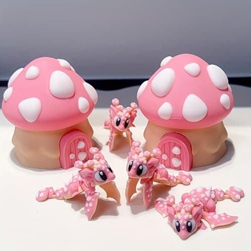 3D Printed Cute Mushroom House + Mushroom Dragon Toy Set,Cute Figurine Desktop Decorative Sculpture Ornament (Pink) thumbnail 6