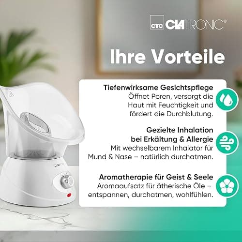 Clatronic GS 3656, inalatore per sauna facciale, inalatore, doccia nasale, rilassante con attacco aromatico, per bocca e naso, adatto per bambini, bianco», 130 watt thumbnail 3