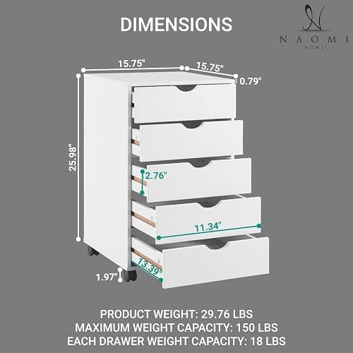 Naomi Home Taylor 5 Drawer Chest, Wood Storage Dresser Cabinet with Wheels, Craft Storage Organization, Makeup Drawer Unit for Closet, Office File Cabinet 180 lbs Total Capacity - White thumbnail 2