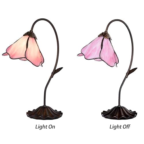 Bieye L10810 Flower Tiffany Style Stained Glass Table Lamp with 8-inch Wide Bent Glass Lampshade Lily Pad Base (1-Light, Pink) thumbnail 2