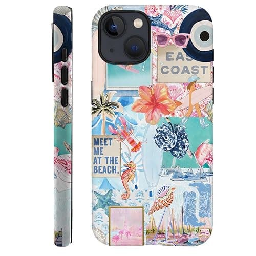Generic Case Compatible with iPhone 14,Scratch Resistant Hybrid 2-Layer Hard Shell Phone Case,Seashells Beach Summer Jellyfish Collage - Image 1