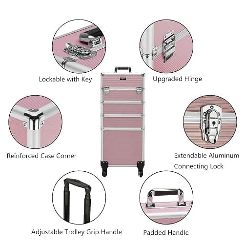 mefeir 4 in 1 Rolling Makeup Train Case, Aluminum Makeup Travel Organizer Cosmetic Case, Cosmetology Display Suitcase on Wheels, Beauty Storage Luggage Lockable w/4 Removable Wheels (Pink) thumbnail 5