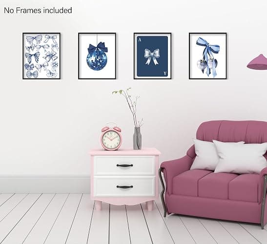 foedor Navy Blue Room Wall Decor,Navy Wall Art,Coquette Blue Bow Preppy Girly Prints,Boy Bedroom Decor,Trendy Navy Bow Disco Ball Cherry Wall Decor Posters for Girls Room Dorm, 8x10 Unframed,Set of 4 thumbnail 4