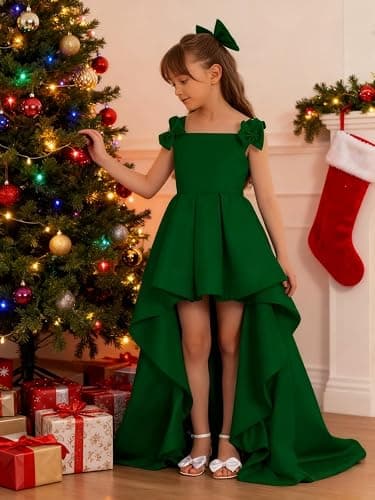 Ztikolen Satin Pageant Dresses for Girls High Low Flower Girl Dress with Bow Junior Bridesmaid Formal Wedding Party Gown thumbnail 6