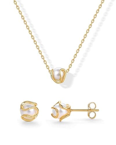 PAVOI 14K Gold Plated Round Shell Pearl Jewelry Set for Women - Gold Pearl Necklace and Earring Set with Pendant Necklace and Caged Stud Earrings Pack - Image 1