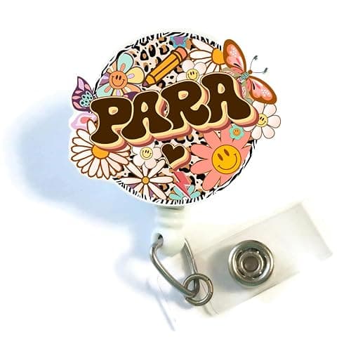 PARA Badge Reel, Retro Teaching Assistant Badge Holder, Paraprofessional Gift, Retractable Smiley Floral Badge Reel for Teachers and Classroom Staff, PARA Appreciation Gift - Image 1