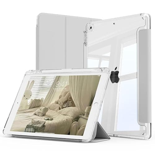 KenKe Case for iPad 9th Generation 2021/iPad 8th Generation 2020/iPad 7th Generation 2019 10.2 inch with Pencil Holder, Clear Transparent Back Shell, Shockproof Cover, Auto Sleep/Wake, Gray - Image 1