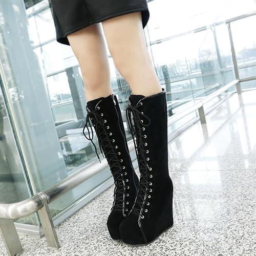 Parisuit Women's Knee High Goth Platform Boots Lace Up Combat Boots | Chunky High Heel, Buckle Boots, Punk Chain Boots thumbnail 6