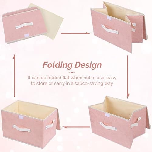 Lucky Monet Cute Storage Bin Boxes with Lids Washable Decorative Storage Boxes Pink Lidded Storage Baskets Collapsible Fabric Box Cubes with PU Leather Handles for Shelf Closet, 1 Pack Pink, Large thumbnail 5
