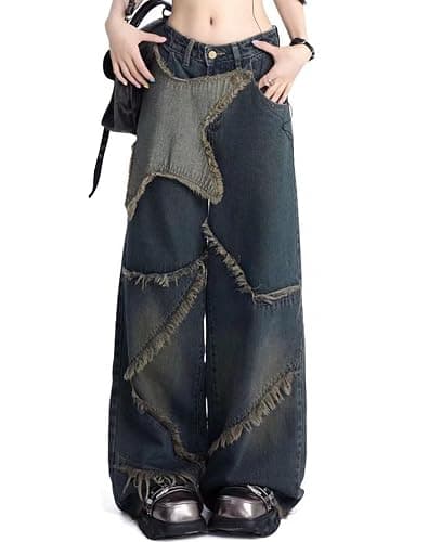 XKBHYD Baggy Jeans Damen Y2K Boyfriend High Waist Wide Leg Jeanshosen mit Quasten und Sternen Streetwear Denim Hose - Image 1