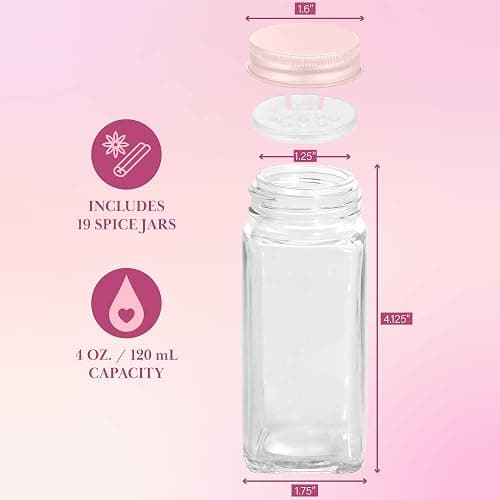 Paris Hilton Glass Spice Jar Storage Set, 4-Ounce Empty Spice Jars with Labels, Shaker Caps and Metal Lids, Collapsible Funnel Included, 20-Piece, Pink thumbnail 3