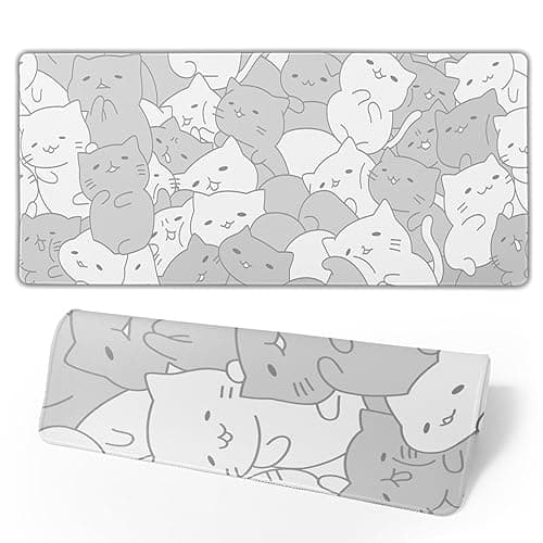 White Kawaii Cats E-Sport Mouse Pad Large Desk Mat Non-Slip Rubber Base Stitched Edge Keyboard Mouse Pad for Office Home E-Sport Computer Laptop, 31.5×11.8 Inches - Image 1