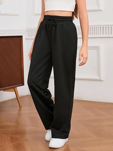 SOLY HUX Girl's Straight Wide Leg Sweatpants Casual High Waisted Baggy Joggers Track Pants - 10 Years - Plain Black thumbnail 5