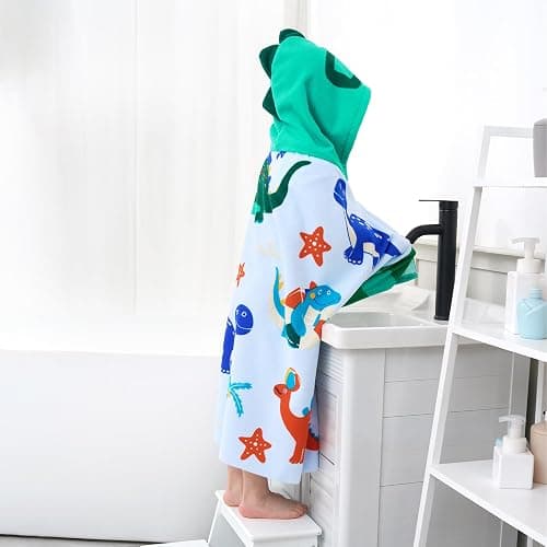 UOMNY Kids Beach Towels,Hooded Towels,Kids Hooded Bath Towel 30" x 50" | Kids Hooded Bath Towel 30" x 50" for 3-10 Years,Pool Ponchos for Kids with Hood,Boys Beach Towel,Green Dinosaur thumbnail 2