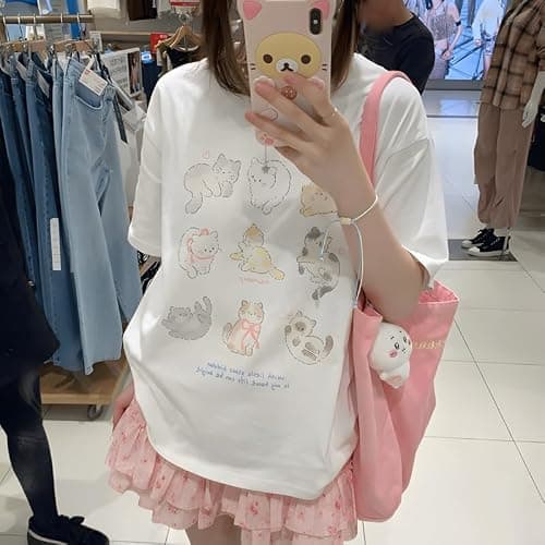 RILGOU Harajuku Kawaii Goth Casual Loose Style Soft Short Sleeve Crewneck Cute Cartoon Cats Shop Print T-Shirt thumbnail 5