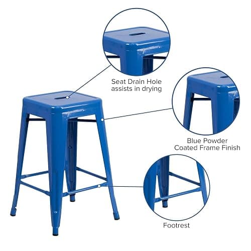 Flash Furniture Kai Commercial Grade 24" High Backless Blue Metal Indoor-Outdoor Counter Height Stool with Square Seat thumbnail 5