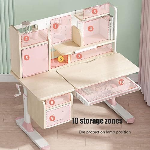 FCD Wood Adjustable Height Ergonomic Kids Study Desk Drafting Table Computer Station Built-in Bookshelf Hutch Multi Function Desktop 43.3" Width () thumbnail 4