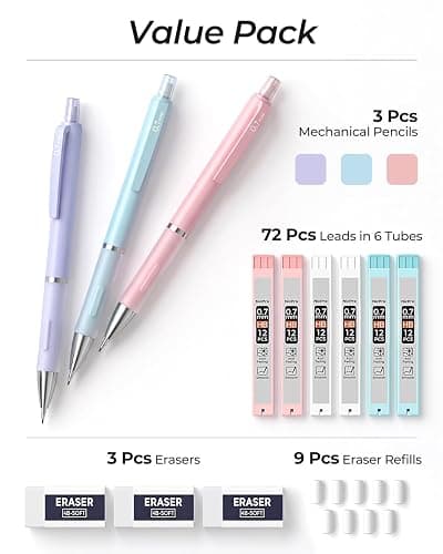 Nicpro 3PCS Cute Mechanical Pencil Set with Case, 0.7 mm Pencils | with 6 Tube HB Lead Refill, 3PCS Eraser, 9PCS Eraser Refill for School Supplies Student Writing, Drafting Drawing Sketching thumbnail 7