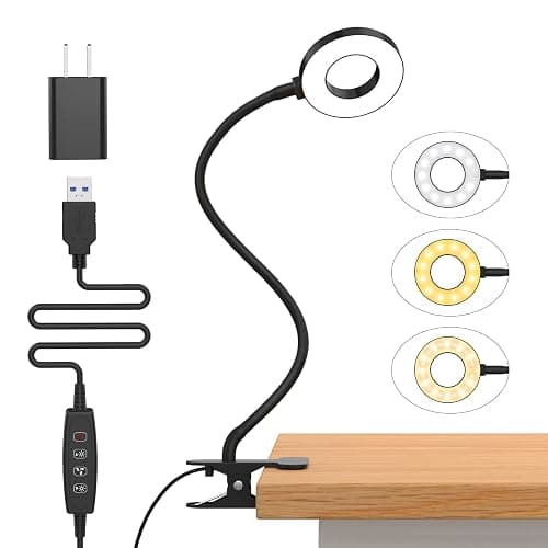 iZELL Desk Lamp, LED Reading Light with Clamp, 3 Color Modes & 10 Brightness Silicone Flexible Arm Book Light for Kids Reading Book in Bed at Night Clip on Table, Zoom Meetings - 15.8'' Black - Image 1