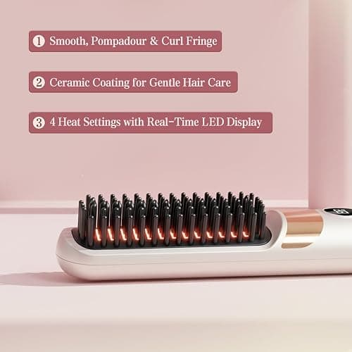 HRYYDS Go Brush Pro UK Cordless Hair Straightener Brush - Portable Rechargeable Ceramic Styling Brush with 4 Adjustable Heat Modes & LED Display, Perfect for Travel & Everyday Use (Cream White) thumbnail 2