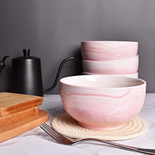 Bosmarlin Marbling Ceramic Soup Bowl Set of 4, 33 Oz, Dishwasher and Microwave Safe (33 Oz, A-Pink Marbling) thumbnail 2