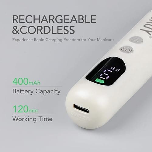 GAOY Cordless Nail Drill, Electric Nail File with LED Display, Milky White | Acrylic Gel Nails, Hand Feet Thick Nails Trimmer Buffer Tool, Lightweight Low-Noise, Gift for Women, Nail Art Beginner thumbnail 4