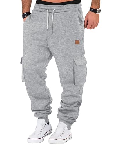 A WATERWANG Men's Fleece Cargo Sweatpants Casual Cotton Tapered Drawstring Athletic Workout Joggers Sweat Pants with Pockets - Image 1