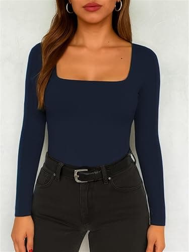 ForeFair Women Square Neck Long Sleeve Going Out Tops Tight Double Lined Basic Tees Shirt thumbnail 5