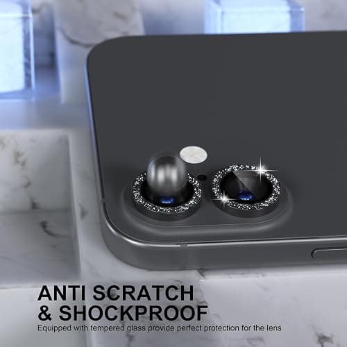Choiche Compatible for iPhone 16 /iPhone 16 Plus Camera Lens Protector Bling, 9H Tempered Glass Camera Cover Screen Protector Metal Ring Decoration Accessories(Glitter-Black) thumbnail 3