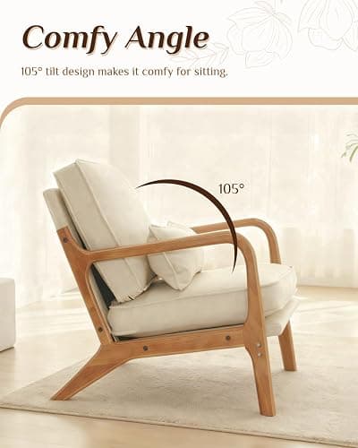 Karl home Accent Chair Mid-Century Modern Chair with Pillow Linen Fabric Upholstered Lounge Arm Chair with Solid Wood Frame & Soft Cushion for Living Room, Bedroom, Balcony, Beige thumbnail 5