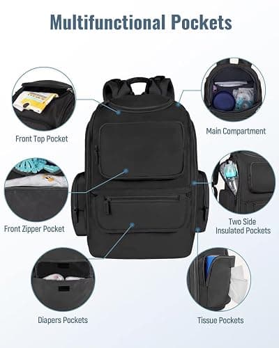 Mancro Diaper Bag Backpack, Multifunctional Dad Diaper Bag with 2 Side Insulated Pockets, Travel Water Resistant Baby Diaper Backpack for Men Women with Stroller Straps, Black thumbnail 6