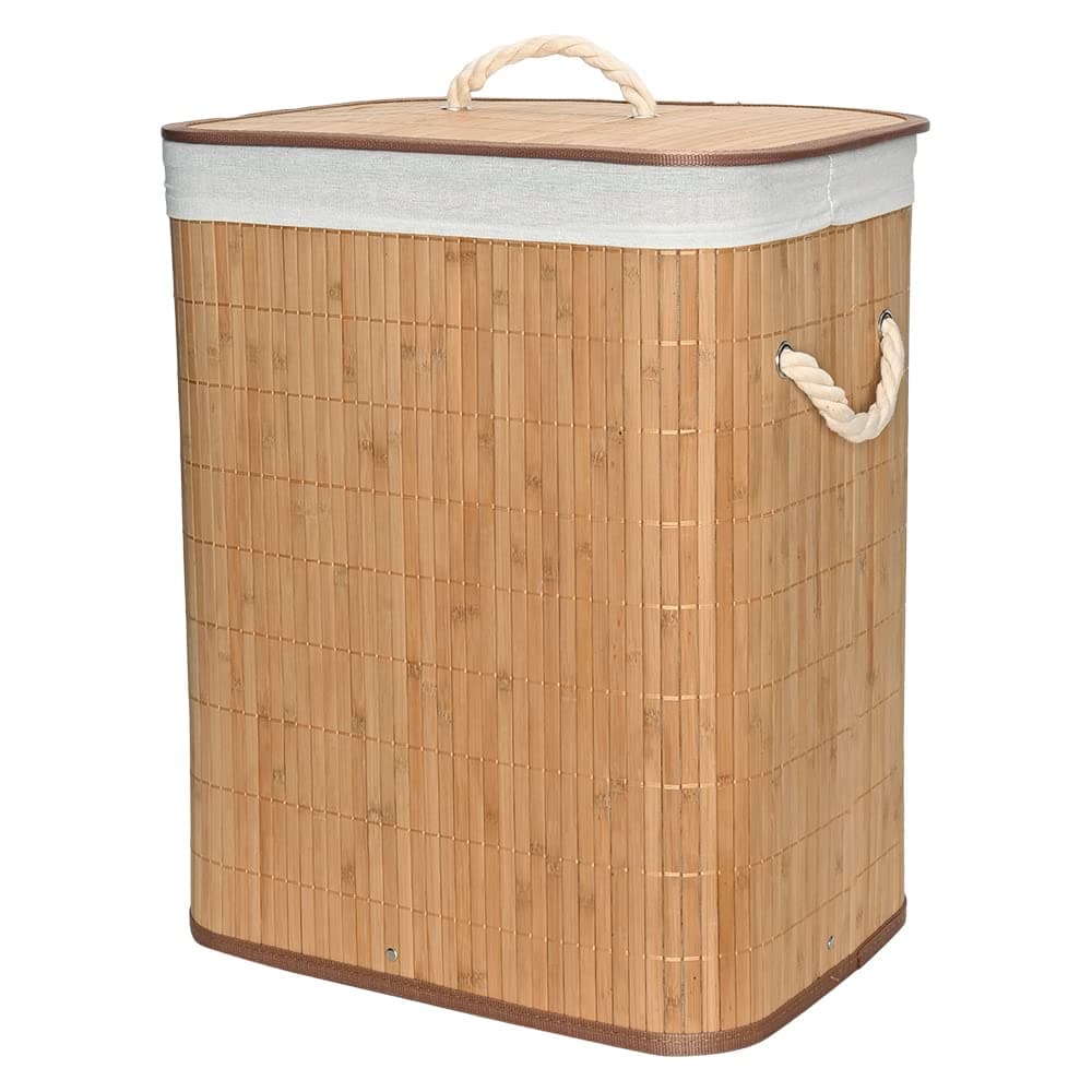 Mimo Style Cesto de Bambu Claro com Tampa para Roupas Sujas. Ideal para Lavanderia, Área de Serviço, Banheiro e Quarto. Forro Removível com Aro de Aço para Fixação, Dobrável, Alça de Corda Macia, Bege - Image 1