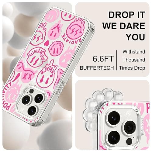 MOSNOVO Case for iPhone 15 Pro Max, [Compatible with Magsafe] [Buffertech 6.6ft Military-Grade Drop Protection] [Anti Peel Off Tech] Clear Phone Case Design - Pink Dripping Smiles thumbnail 5