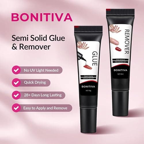 Bonitiva Quick Dry Semi Solid Gel Nail Glue 10g with 10ml Remover, Super Strong, No UV Lamp, Long Lasting Glue for Press on & Fake Acrylic Nails thumbnail 2