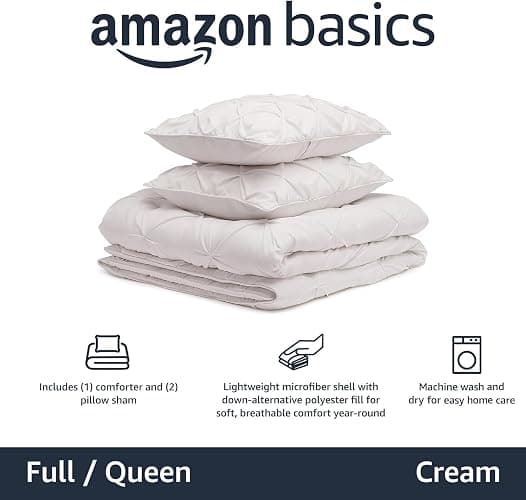 Amazon Basics Warm, Breathable Queen Size Comforter Sets, All-Season Down-Alternative 3-Piece Bedding Set, Pinch Pleat Design, Full/Queen Size, Cream thumbnail 2
