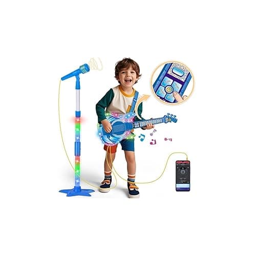 Kids Guitar and Microphone Set, Toy Guitar with Adjustable Volume and Strap, Microphone with Stand and Color Light, Toddler Musical Instrument for 3-5 5-9, Kids Karaoke Machine for Boy Girls(Blue) - Image 1