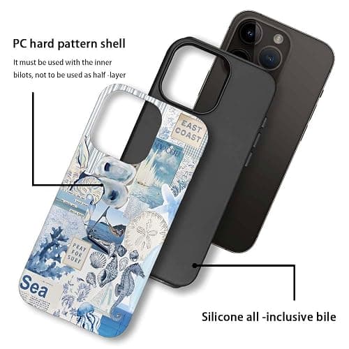 Generic Compatible with for iPhone 15,Vintage Seashell Ocean Blue Collage Phone Case for Girl Women Boy Men,Scratch Resistant Shockproof Cover Case for iPhone 15 - Vintage Seashell Ocean Blue Collage - iPhone 15 thumbnail 3