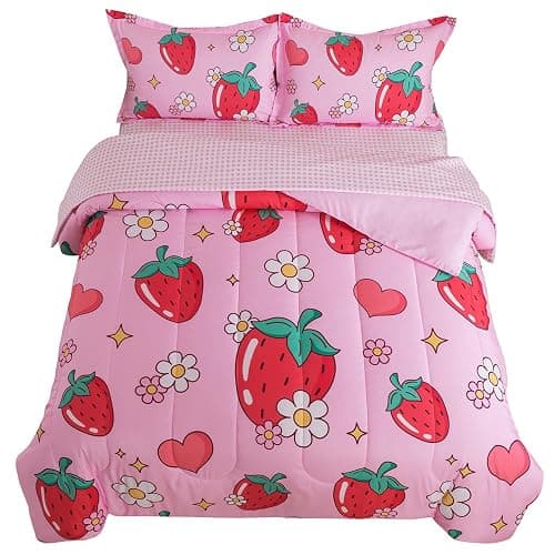 ADASMILE A & S Kids Strawberry Comforter Set Twin Size for Girls 5 Piece Pink Kawaii Flower Bedding Set Kids Strawberry Bed in A Bag Comforter (1 Comforter,1 Flat Sheet,1 Fitted Sheet & 2 Pillow Sham) - Image 1