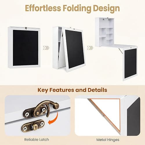 Tangkula Foldable Wall-Mounted Desk, Floating Desk with Chalkboard, Storage Shelves & Hooks, Space-Saving Murphy Table for Home Office, Bedroom, Dorm Room, Small Spaces thumbnail 8