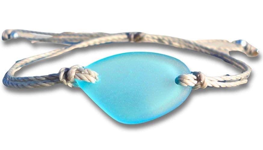 Sea Stamped Sea Glass Adjustable Bracelet-Made From Recycled Glass-Light Blue Free Form Sea Glass Piece with Waterproof Gray Thread-Unique Gift - Image 1