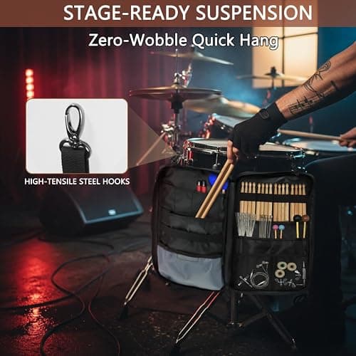 Amazing Fair Drumstick Bag, Heavy Duty Thickened Waxed Canvas Drum Stick Bag with Metal Hanging Hooks, Large Capacity Professional Stick Mallet Case for Gigging Touring Drummer, Matte Black (Black) thumbnail 2